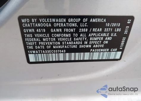 2014 Volkswagen Passat 1.8T S from USA, damaged, VIN 1VWAT7A33EC037043